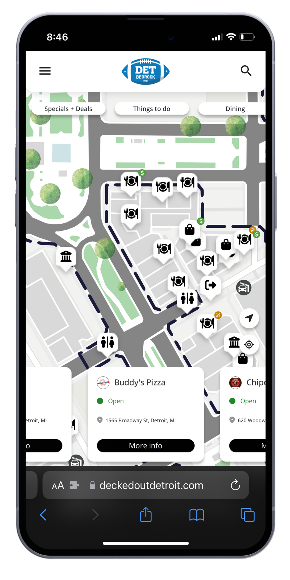 An iPhone 14 showing a map of Downtown Detroit made by MyMaps