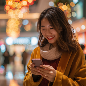 a woman smiling while looking at a digital directory on her phone in a mall