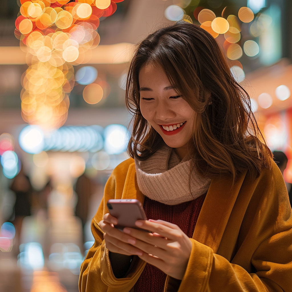 a woman smiling while looking at a digital directory on her phone in a mall