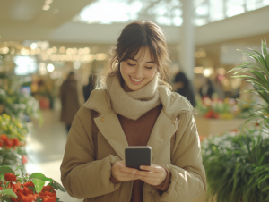a woman navigating a shopping center using a digital map on her mobile phone