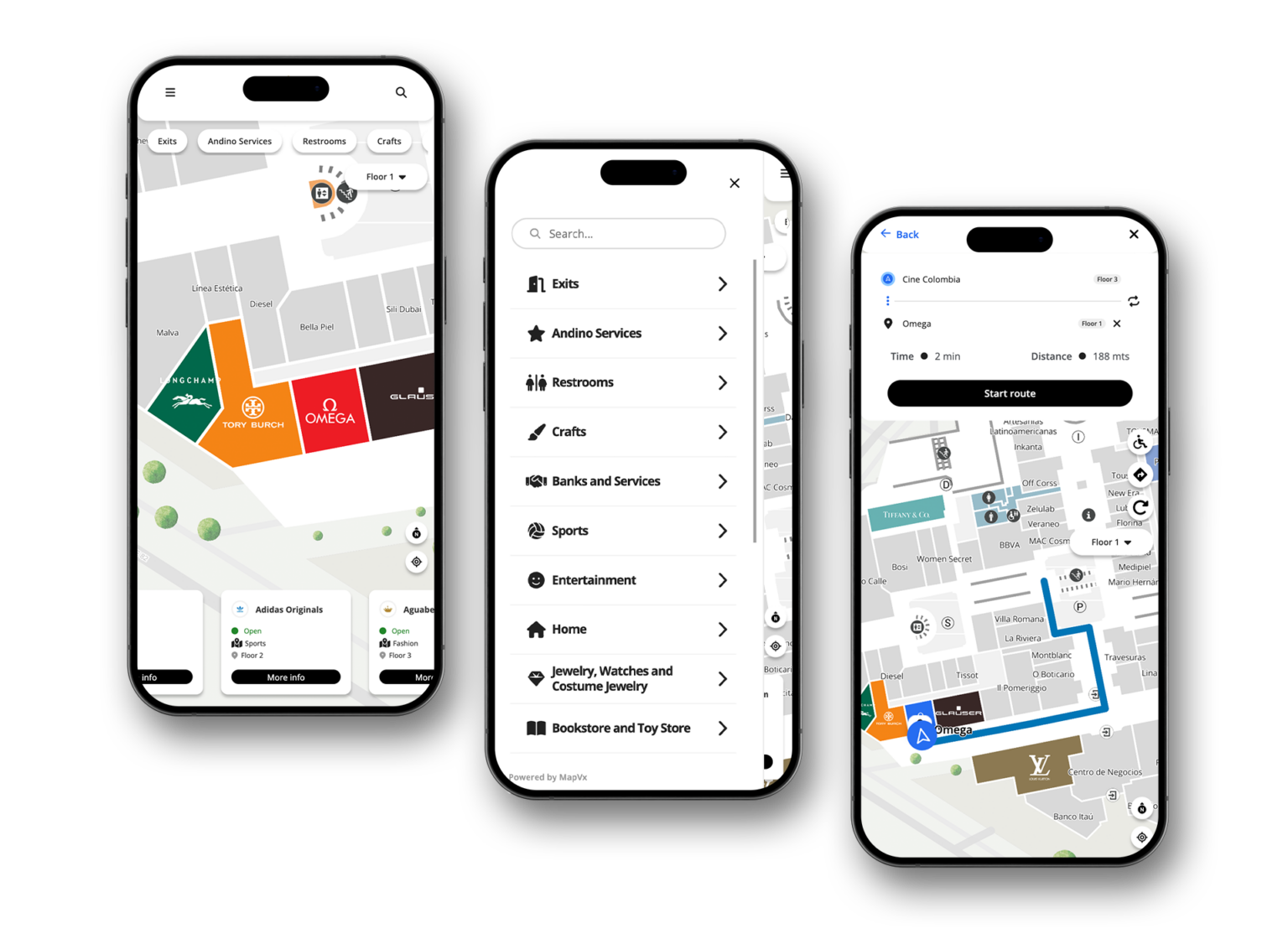 three smartphones showing digital maps being used to find stores, explore a directory, and create a route