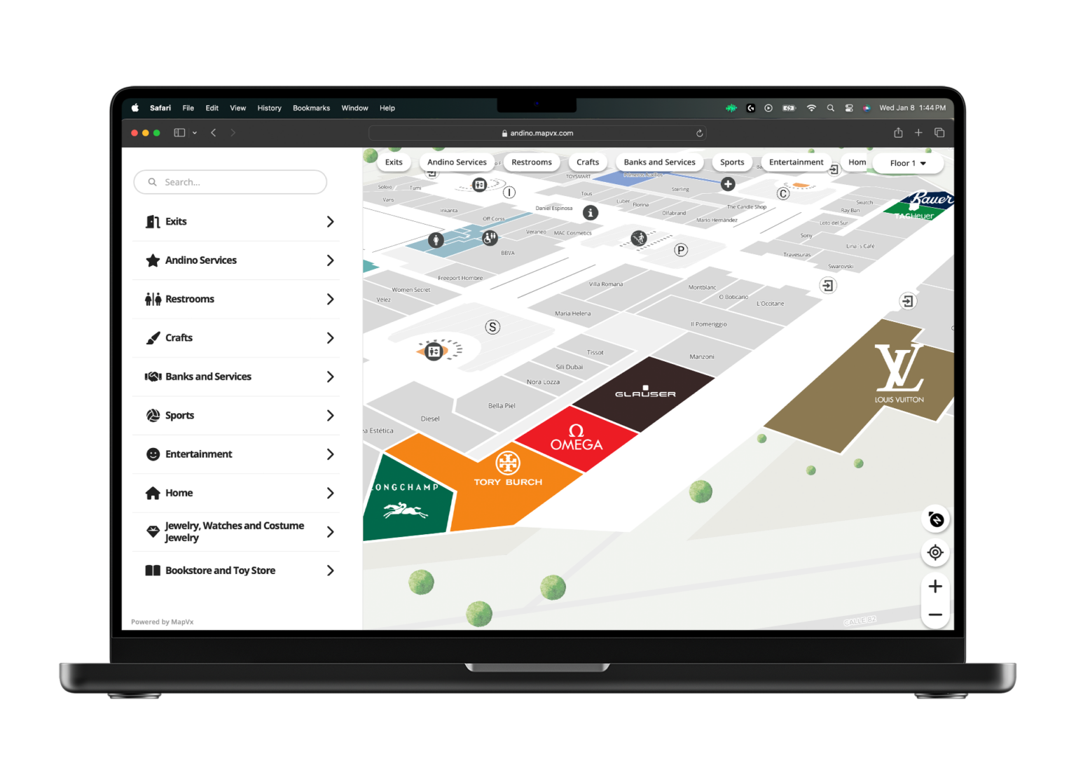 mockup of a shopping center digital map on a laptop