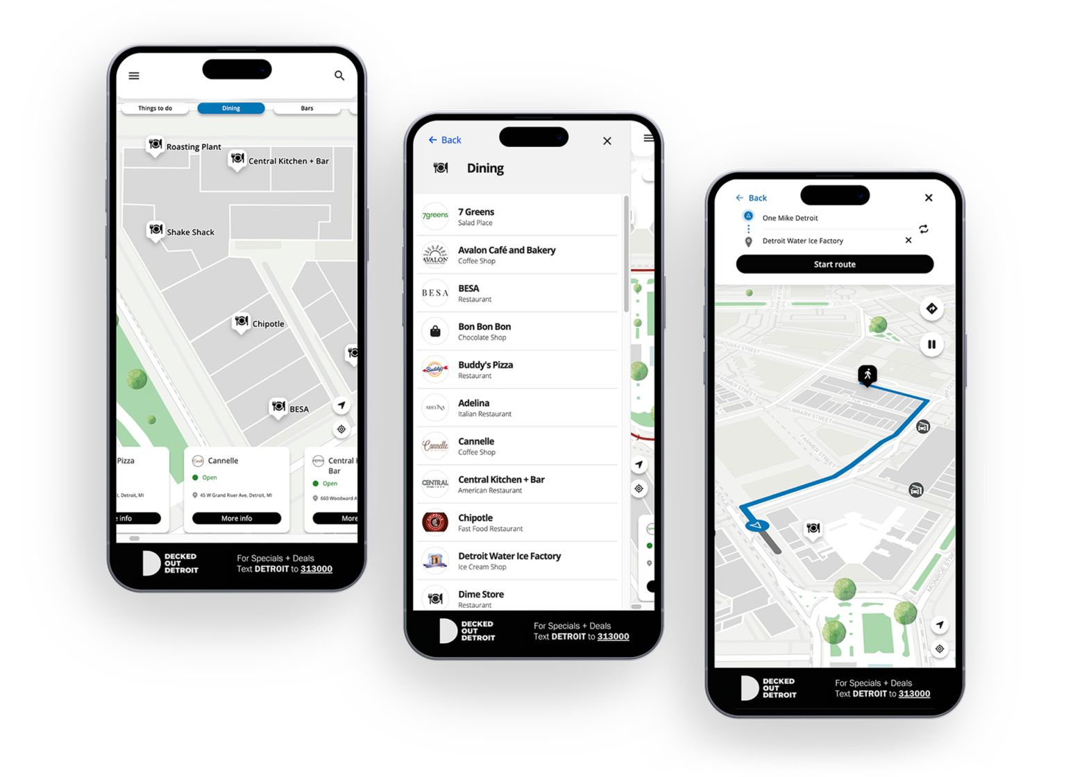 three smartphones showing digital maps being used to find locations, explore a directory, and create a route