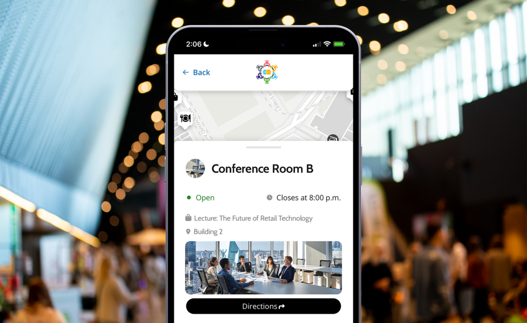 Mockup of a MapVX Personalized Mobile App being used at an event