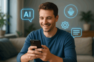 Man uses an AI assistant on his phone