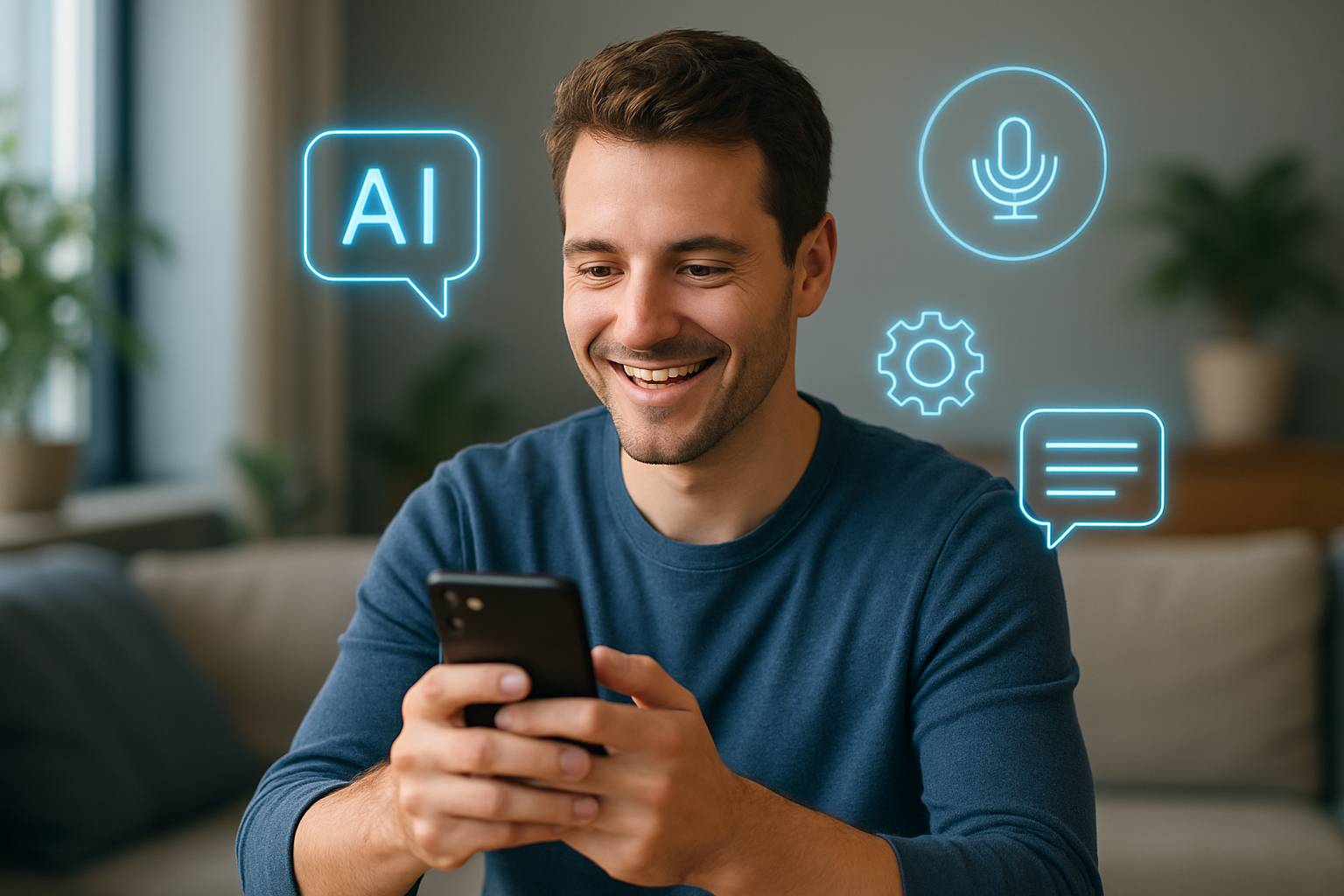 Man uses an AI assistant on his phone