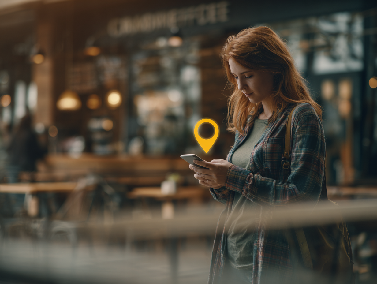 Girl looking at her phone and interacting with location based advertising