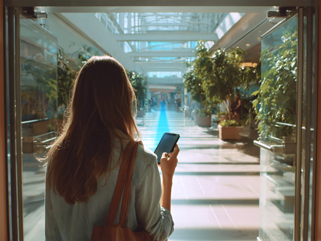 Woman Using White Label Mapping Software to Navigate Shopping Center