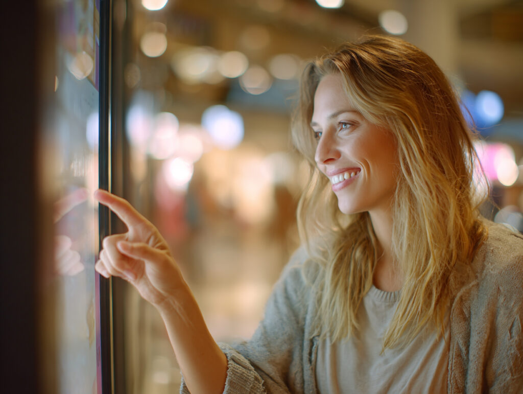 Woman Using Multi-Platform Map on a Kiosk
