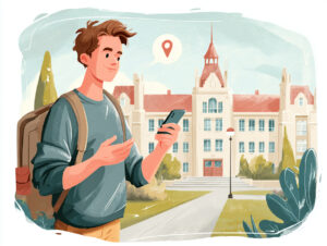 College student navigating campus with a digital campus map