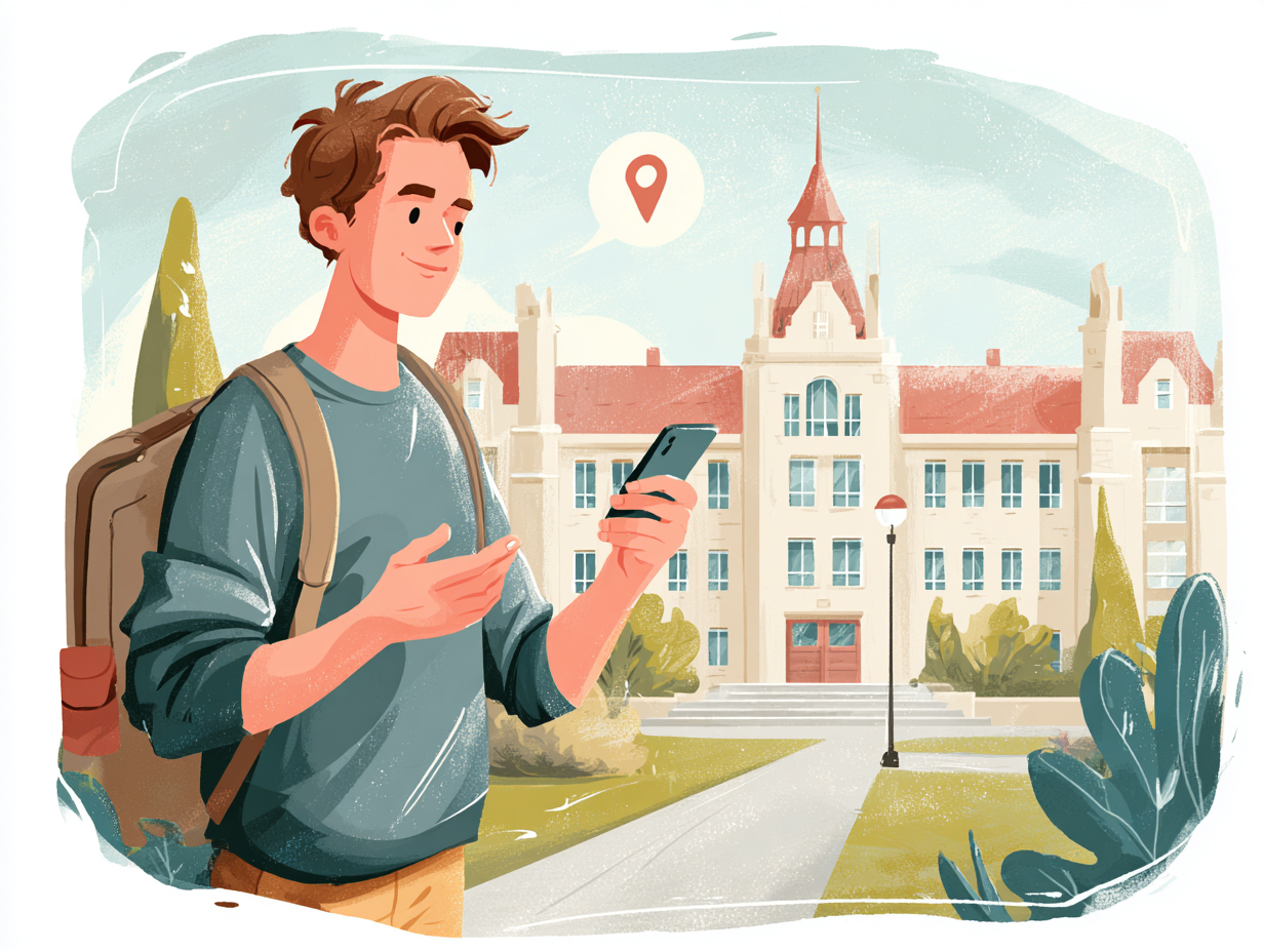 College student navigating campus with a digital campus map