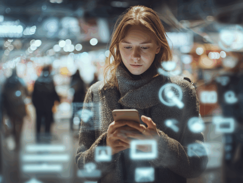 A woman uses a smartphone with omnichannel technology