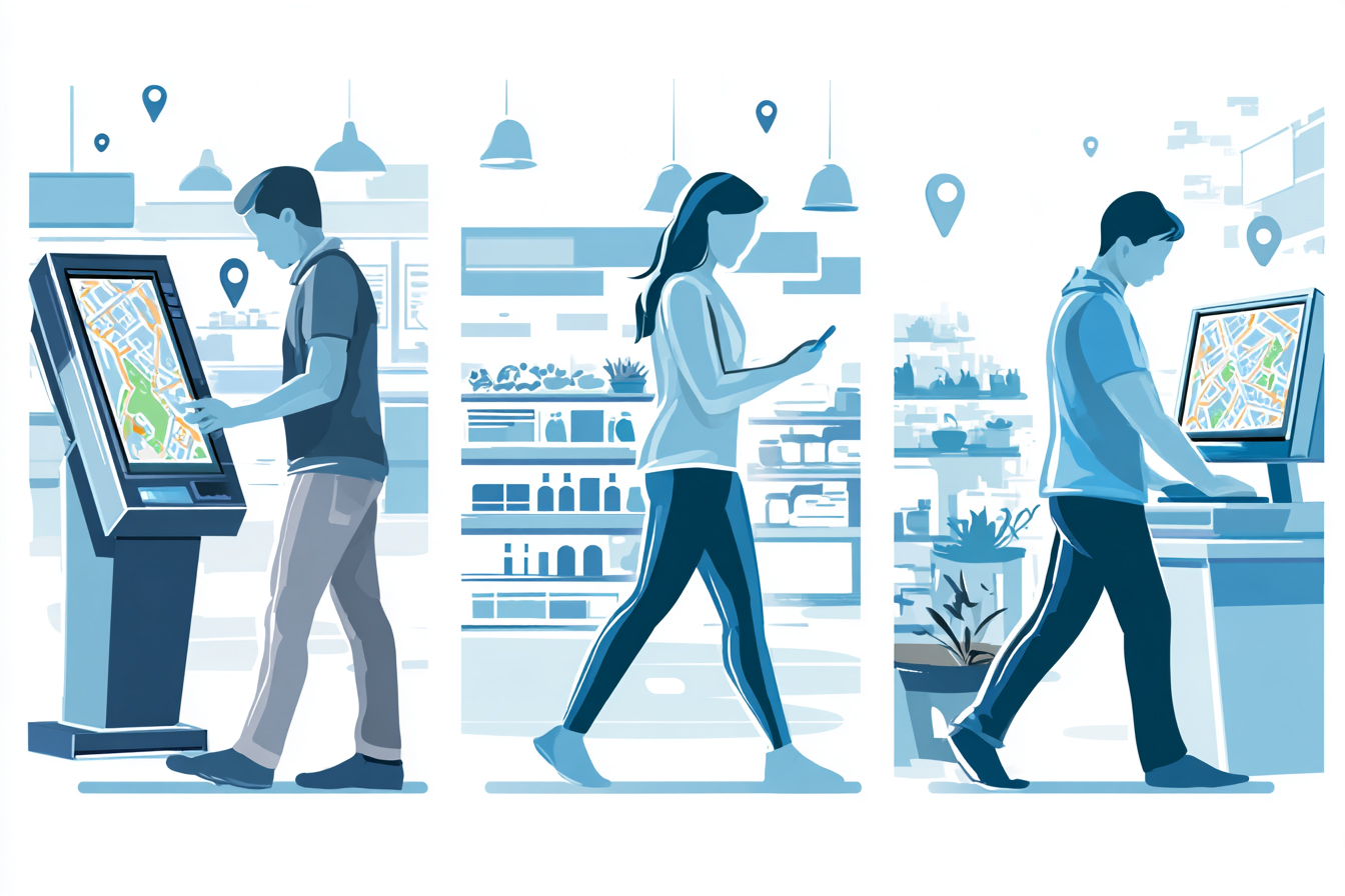 mall map accessed on phone, kiosk, and desktop